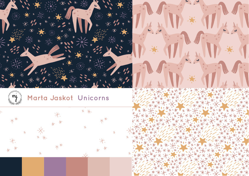 "Unicorns" by Marta Jaskot – Magical Unicorn and Starry Sky Pattern Collection
Add a sprinkle of magic with Marta Jaskot's "Unicorns" pattern collection, featuring playful pink unicorns set against dreamy backgrounds of navy, blush, and cream. Perfect for children’s clothing, nursery textiles, gift wrap, and whimsical party decor. This enchanting design includes hand-drawn unicorns, shooting stars, and constellations in a soft, modern color palette of gold, lavender, and rose. Ideal for fabric printing, wallpaper, and crafting projects that call for a touch of fantasy and sparkle.